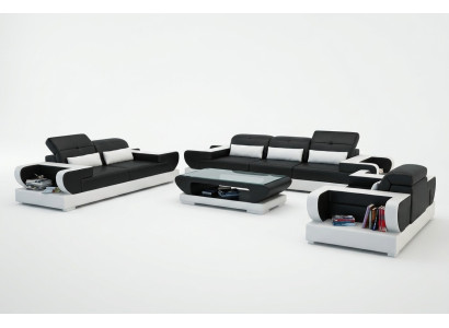 Set di divani in pelle imbottita moderna 3+2+1 composto da divano, poltrona e pouf Detmold