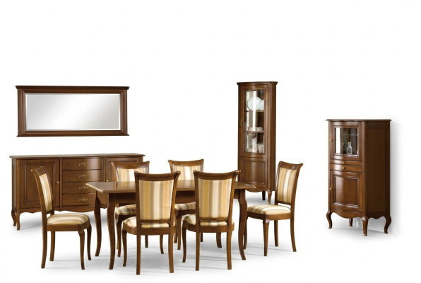 Set da sala da pranzo classico: comò, tavolo, sedie, vetrina; set soggiorno Italiano nuovo.