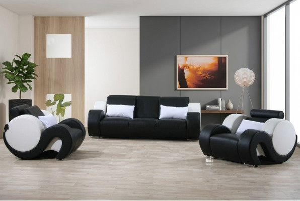 Sofà composto da divano e poltrone in pelle, set di divani 3+1+1 completamente nuovo 1094