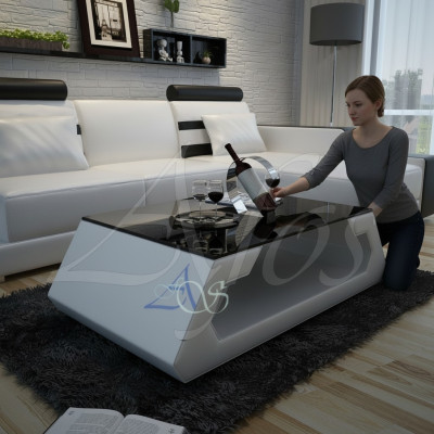 Tavolino design imbottito in pelle e vetro moderno (Amburgo)