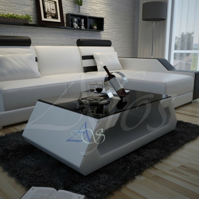Tavolino design imbottito in pelle e vetro moderno (Amburgo)