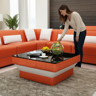 Tavolino design imbottito in pelle e vetro, moderno, numero di tavolo #8009.