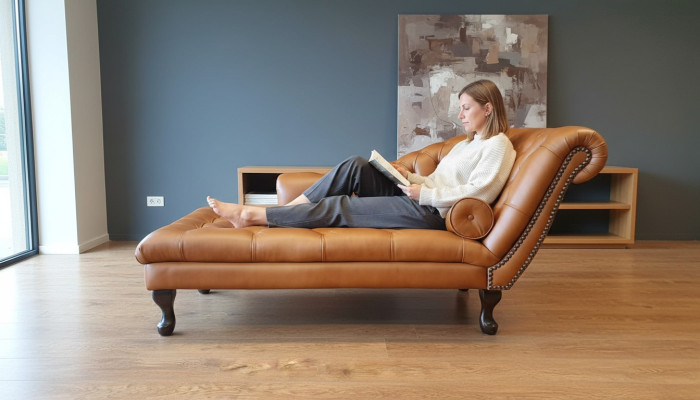 Chesterfield Chaiselongues Liege Pouf Divano in Vera Pelle Relax Chaise Nuovo