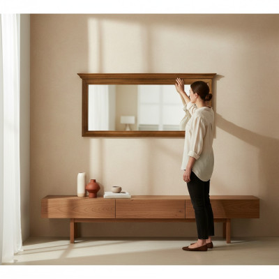 Classico grande specchio da parete con cornice in legno vero. Specchio appeso modello N-L1
