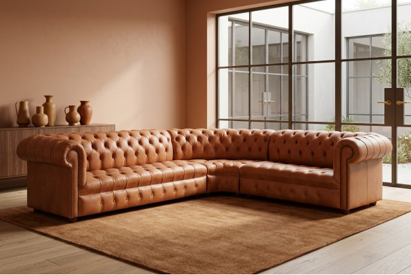 Soggiorno divano angolare Chesterfield in pelle Divano angolare divano Imbottito angolo
