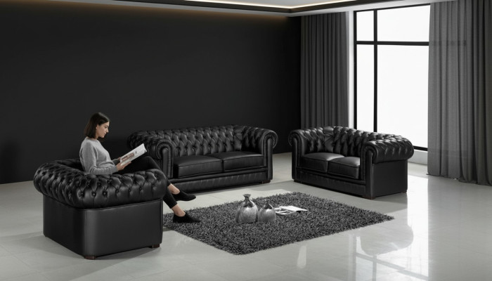 Divani Chesterfield neri 3+2+1 Set Divani imbottiti Designer Sofas.