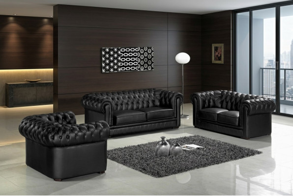 Divani Chesterfield neri 3+2+1 Set Divani imbottiti Designer Sofas.