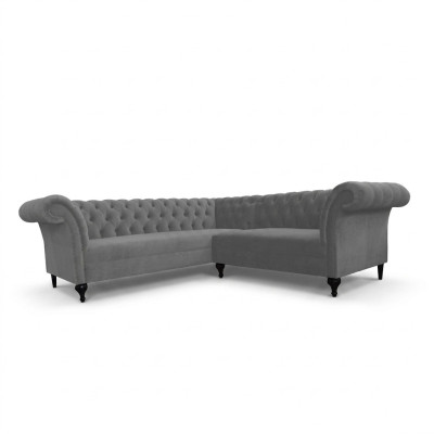 Divano angolare Chesterfield grigio, design a forma di L in velluto.