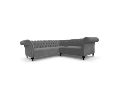 Divano angolare Chesterfield grigio, design a forma di L in velluto.