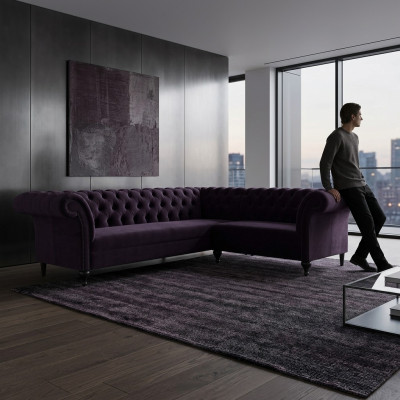 Divano Chesterfield moderno ad angolo, divano angolare designer, divano in velluto, divano in pelle.