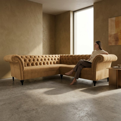 Chesterfield divano ad angolo moderno design in velluto e pelle