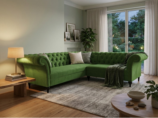 Divano angolare Chesterfield verde elegante ad L, divani design imbottiti in stile poltrona.