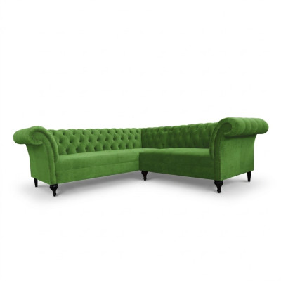 Divano angolare Chesterfield verde elegante ad L, divani design imbottiti in stile poltrona.