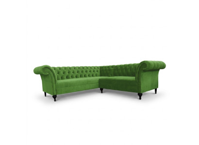 Divano angolare Chesterfield verde elegante ad L, divani design imbottiti in stile poltrona.