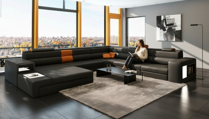 Divano ad angolo Divano Divano Set di mobili imbottiti Design Tessuto Pelle Paesaggio abitativo
