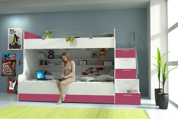 Letto a castello a due piani Letto a soppalco Letto Letto per bambini Letto per ragazzi Letto a soppalco B003 Rosa/Bianco