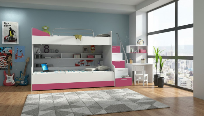 Letto a castello a due piani Letto a soppalco Letto Letto per bambini Letto per ragazzi Letto a soppalco B003 Rosa/Bianco