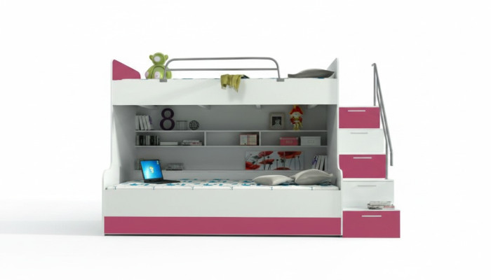 Letto a castello a due piani Letto a soppalco Letto Letto per bambini Letto per ragazzi Letto a soppalco B003 Rosa/Bianco