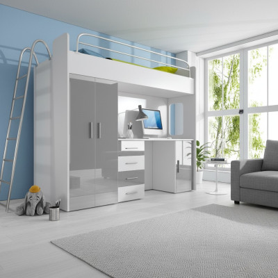 LETTO A CASTELLO A PIANO DOPPIO CON SCRIVANIA GUARDAROBA NUOVO GRIGIO