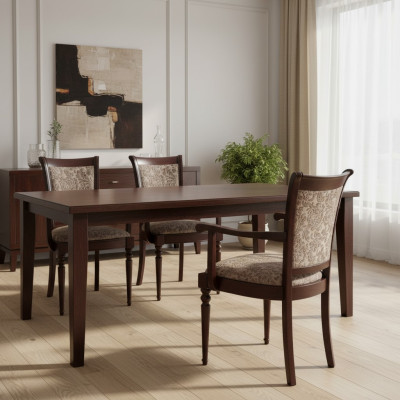 Sedia da sala da pranzo in legno massello classica marrone con schienale classico.