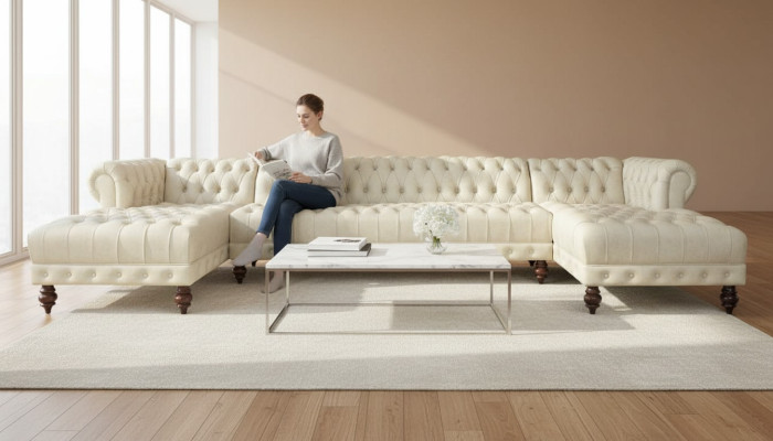 Divano Chesterfield a forma di U, divano classico in pelle con angolo salotto - 366