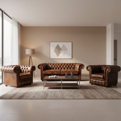Divano in pelle Chesterfield 2 + 1 + 1 Tessuto Divano imbottito Set di divani