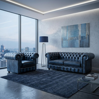 Divano Chesterfield in pelle decorativa tessile Divano set 2 + 1 Imbottito.