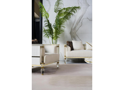 Wohnzimmer Set (Sofagarnitur 3+1+2x Couchtisch) in neutralen Farbtönen.