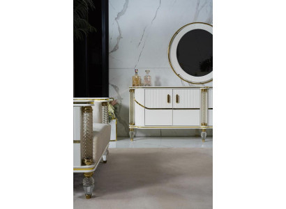 Weißes Sideboard mit Spiegel, 4 Türen, 4 Schubladen, Modern
