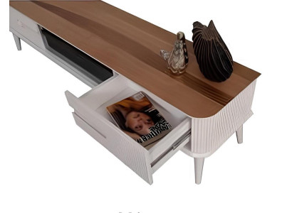 Walnuss-weißes TV-Lowboard mit Kamin und Bluetooth Unterschrank