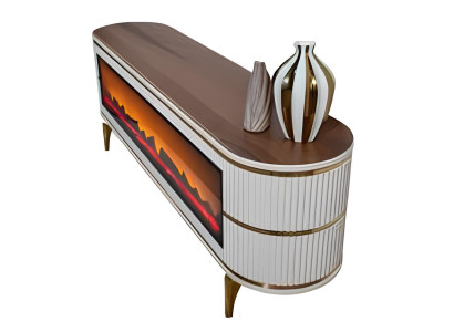 Weiß-brauner TV-Schrank aus Holz mit Kamin für das Wohnzimmer.