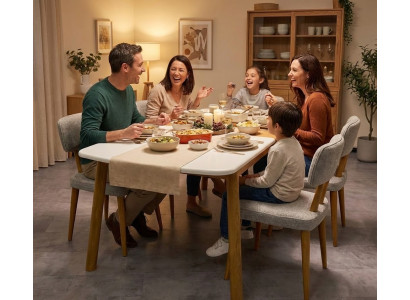 Weißes Esszimmer-Set Moderne Weiße Polsterstühle Edler Esstisch 7tlg
